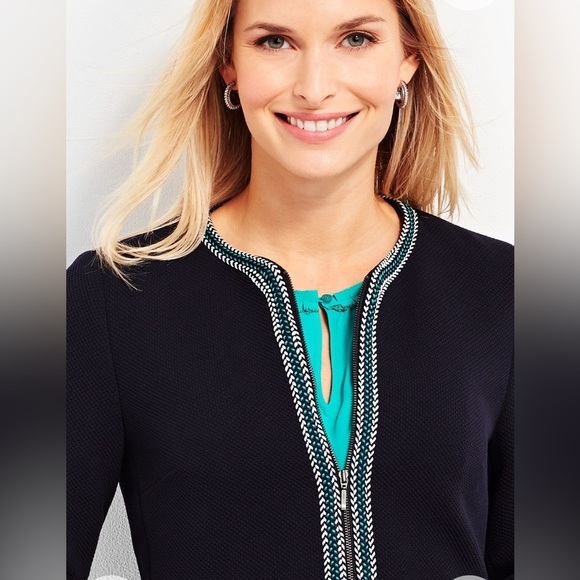 Talbots Braided Trim Zip Jacket Blazer Pockets Navy Green White Size 10 - Picture 4 of 11